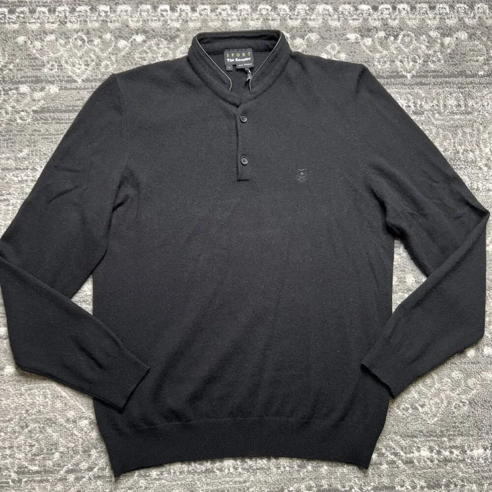 The Kooples Sports Cashmere Henley Sweater Mens Large Black Golf Logo Buttons